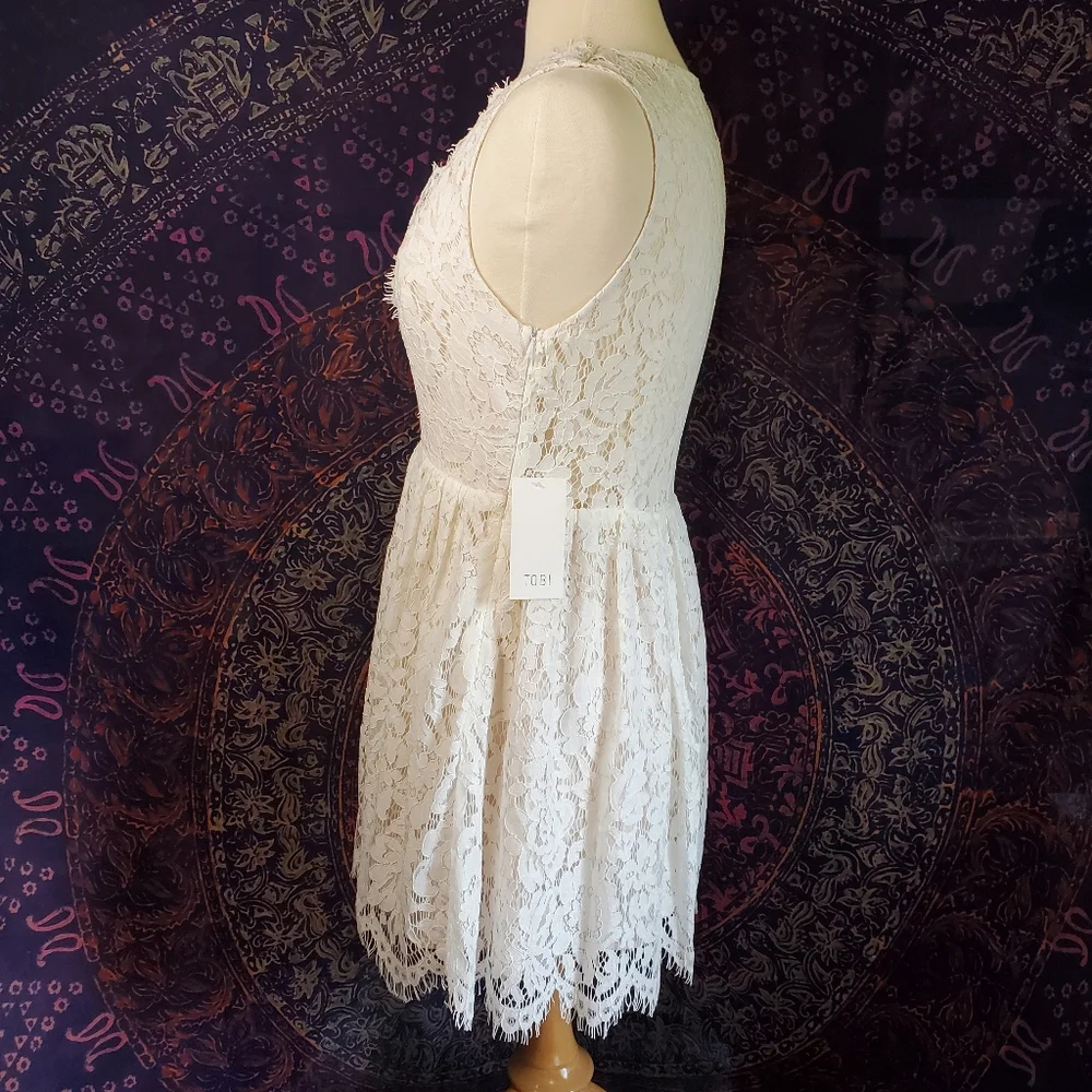 NWT Tobi Off White Lace Sleeveless Deep-V Sheer Back Mini Dress Womens Medium - Picture 2 of 15